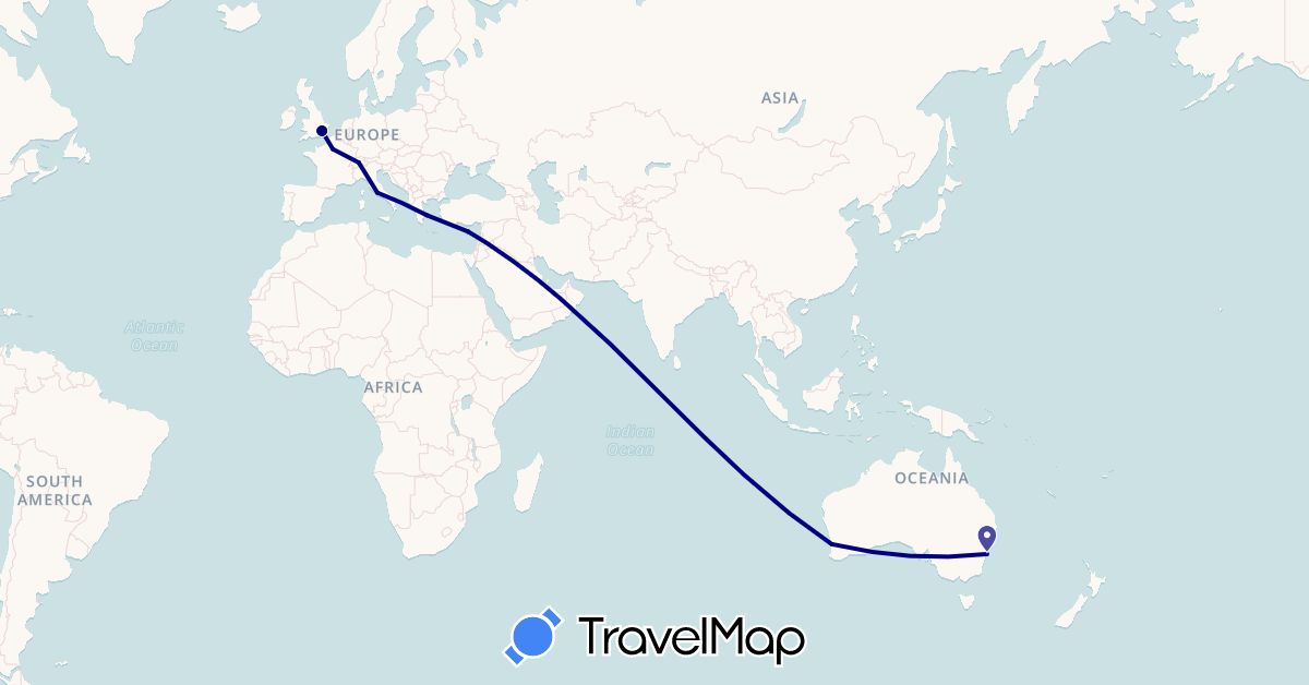 TravelMap itinerary: driving in Australia, Switzerland, Cyprus, France, United Kingdom, Greece, Italy (Asia, Europe, Oceania)